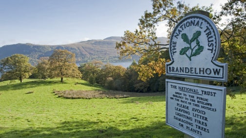 A National Trust sign stands at Brandelhow, in the Lake District
